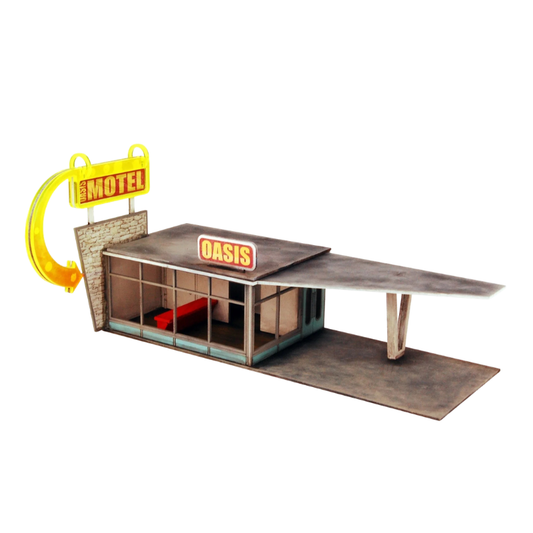Motel Reception P004 28mm MDF - Recepcja Motelu Oasis - render 3D widok z boku z neonem Sarissa Precision
