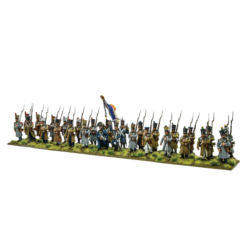 Black Powder Napoleonic French Light Infantry 28mm - widok z przodu pomalowanej podstawki z 28 figurkami piechoty lekkiej w brązowo-oliwkowych płaszczach z kolorowymi czako (czerwone, zielone, niebieskie pompony) i bagnetami w pozach marszowych, w centrum chorąży z trójkolorową flagą i oficer w niebieskim płaszczu - Warlord Games 302012001
