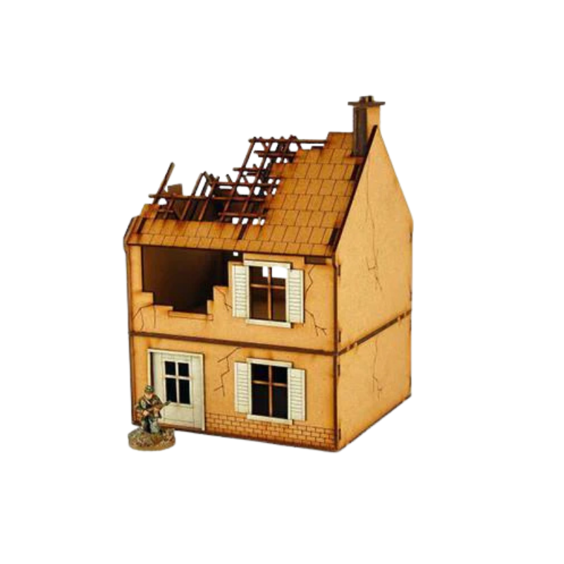 Destroyed Small House N010 28mm MDF - Zniszczony Mały Dom - surowy MDF widok z boku Sarissa Precision
