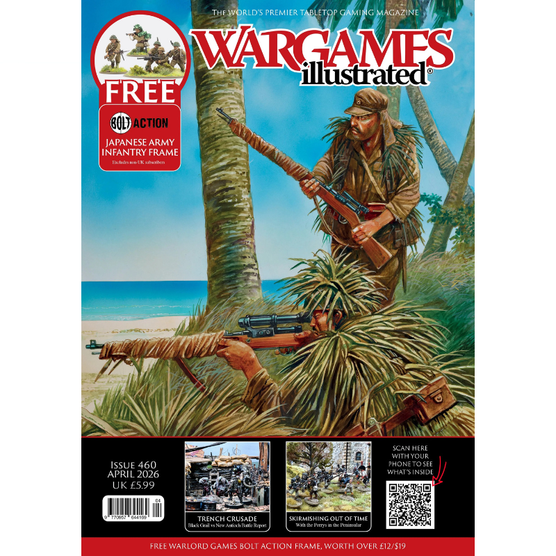 Wargames Illustrated WI460 April 2026 – okładka: dwóch japońskich żołnierzy w kamuflażu dżunglowym z karabinami Type 38 i Type 92 MMG w zasadzce przy palmach na plaży, logo Wargames Illustrated, gratis wypraska Japanese Army Infantry Frame Bolt Action
