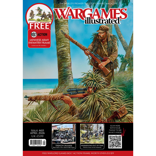 Wargames Illustrated WI460 April 2026 – okładka: dwóch japońskich żołnierzy w kamuflażu dżunglowym z karabinami Type 38 i Type 92 MMG w zasadzce przy palmach na plaży, logo Wargames Illustrated, gratis wypraska Japanese Army Infantry Frame Bolt Action
