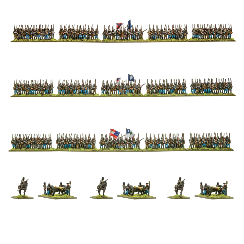 Black Powder Epic Battles ACW Confederate Brigade - 3 regimenty piechoty Konfederatów w szaro-niebieskich mundurach z flagami Konfederacji w rzędach po ok. 100 figurek każdy oraz 3 armaty z obsługą i 3 dowódców konnych na białym tle - Warlord Games 312414002
