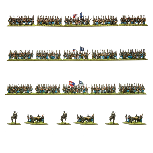 Black Powder Epic Battles ACW Confederate Brigade - 3 regimenty piechoty Konfederatów w szaro-niebieskich mundurach z flagami Konfederacji w rzędach po ok. 100 figurek każdy oraz 3 armaty z obsługą i 3 dowódców konnych na białym tle - Warlord Games 312414002
