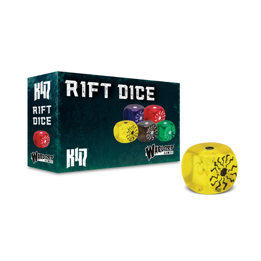 Konflikt '47 Rift Dice Yellow – pudełko z 12 żółtymi kośćmi Rift z grawerem Rift-tech, Warlord Games
