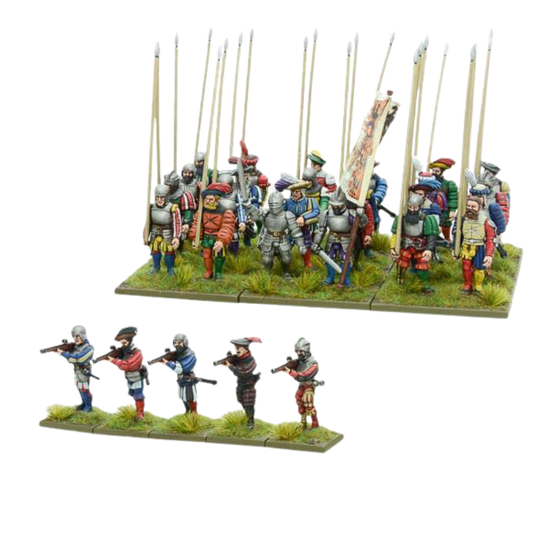 Landsknecht Pikemen Pike & Shotte - 20 pomalowanych pikinierów Landsknechtów w zbroi płytowej z długimi pikami i chorągwią na zielonych podstawkach oraz 6 arkebuzerów w kolorowych strojach renesansowych strzelających z arkebuzów - Warlord Games 202016001

