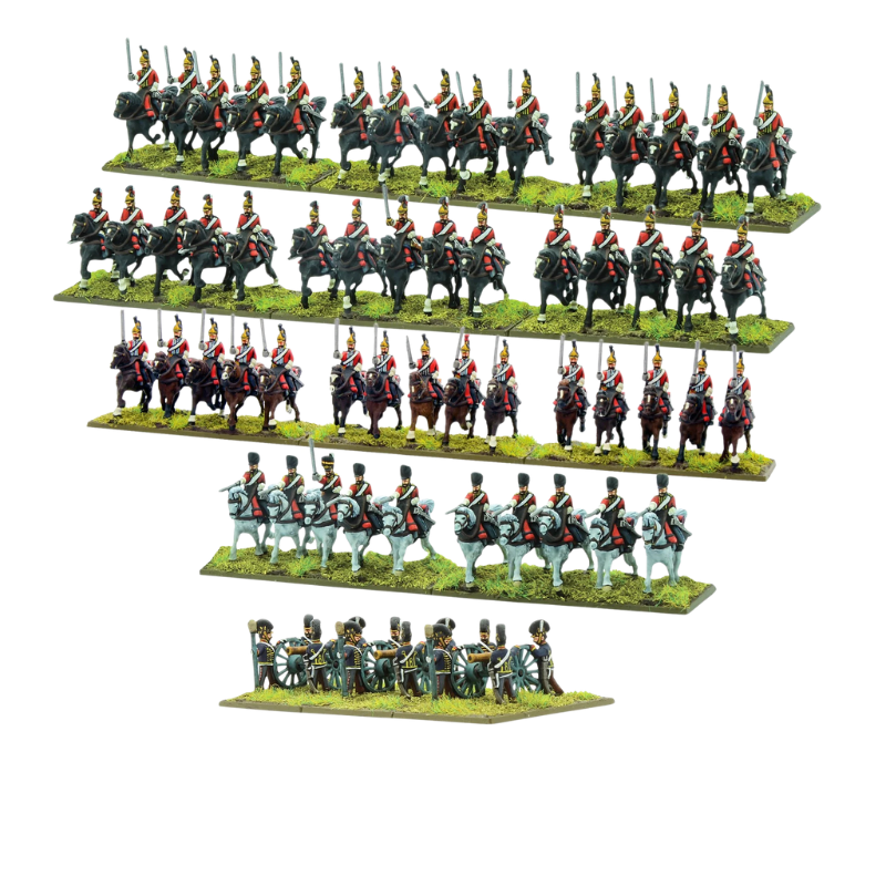 Black Powder Epic Battles Waterloo British Heavy Cavalry Brigade - 5 pomalowanych podstawek kawalerii brytyjskiej na białym tle: 3 rzędy Heavy Dragoons w czerwonych mundurach na ciemnych koniach z szablami, 1 rząd Scots Greys w czerwonych mundurach na siwych koniach oraz podstawka Royal Horse Artillery z 3 armatami i obsługą w czarnych mundurach - Warlord Games 312001003
