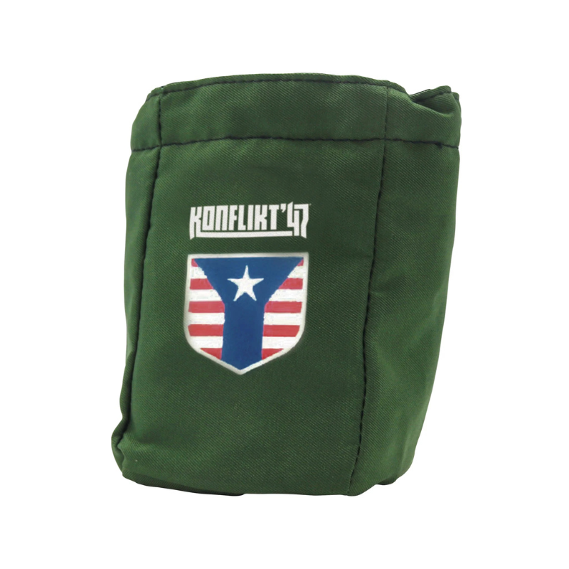 United States Dice Bag Konflikt '47 – zielony woreczek na kostki z flagą Stanów Zjednoczonych i napisem Konflikt '47, Warlord Games
