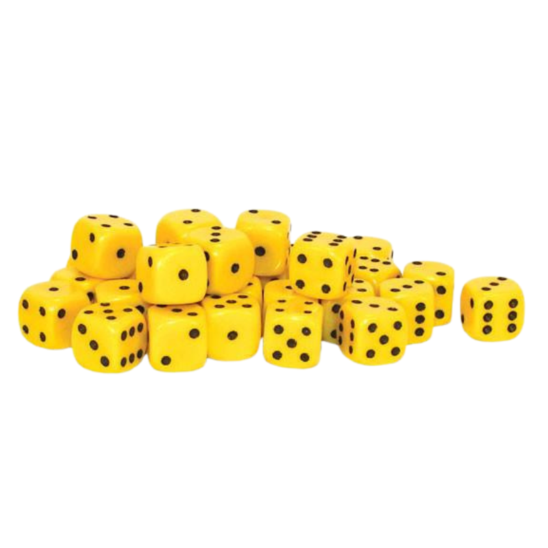 30 Yellow D6 10mm Warlord Games - 30 żółtych kostek sześciościennych D6 z czarnymi oczkami ułożonych w stos - widoczne ściany z oczkami 1-6 - kompaktowy rozmiar 10mm - Warlord Games
