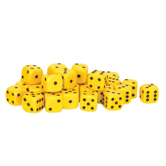 30 Yellow D6 10mm Warlord Games - 30 żółtych kostek sześciościennych D6 z czarnymi oczkami ułożonych w stos - widoczne ściany z oczkami 1-6 - kompaktowy rozmiar 10mm - Warlord Games
