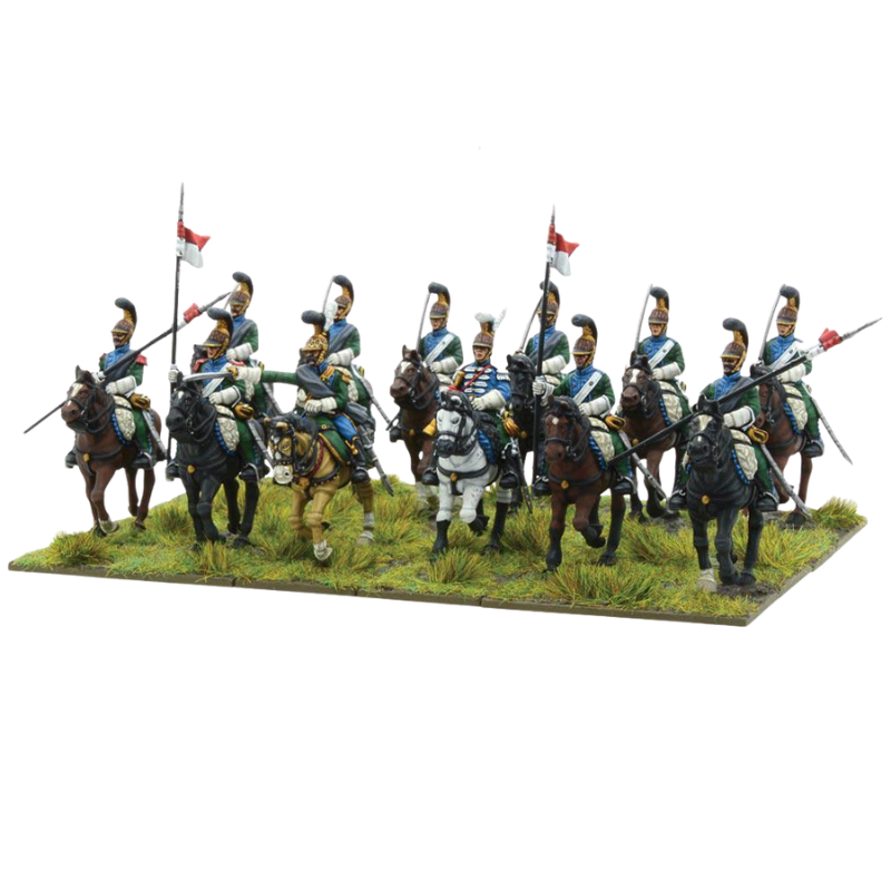 Napoleonic French Line Lancers – widok całego szwadronu 13 pomalowanych figurek konnych z lancami i proporczykami, zielone mundury napoleońskie 28mm
