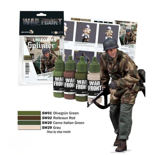 Scale75 Splinter Paint Set SSE-058 – pudełko zestawu War Front z kartą Uniforms Splinter i 4 butelkami 17ml: SW01 Olivegrün Green, SW02 Rotbraun Red, SW20 Camo Italian Green, SW29 Grau, z figurką żołnierza w kamuflażu Splittermuster, Scale75
