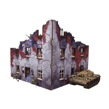 Ostfront Stalingrad Apartment Block Front – widok izometryczny na narożnik ruin z czołgiem Sherman i żołnierzami dla skali, 28mm Bolt Action
