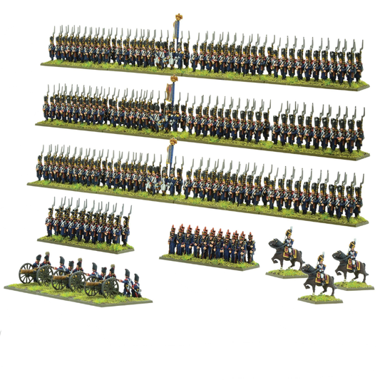 Black Powder Epic Battles Waterloo French Middle & Old Guard - widok wszystkich jednostek zestawu na białym tle: 3 bataliony Gwardii po 80 figurek w ciemnoniebieskich mundurach z czarnymi czapkami bearskin i bagnetami, Engineers of the Guard, Marines of the Guard, bateria 3 armat Foot Artillery 12-pdr i 2 dowódców konnych - Warlord Games 312002004
