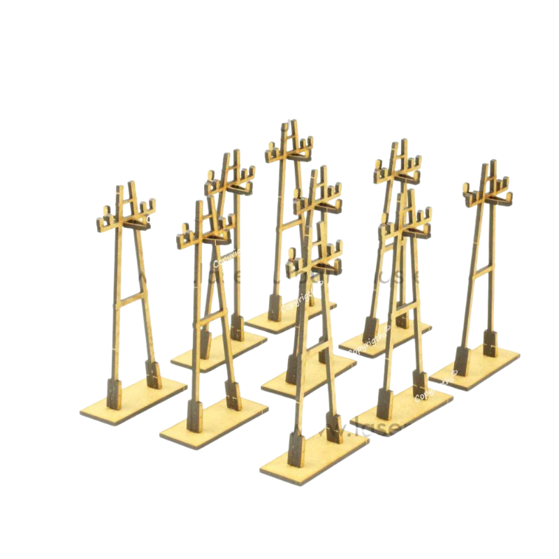 Zestaw Słupów Elektrycznych Typ III LBH0975 28mm HDF - 9 sztuk widok izometryczny Laser Cut Buildings

