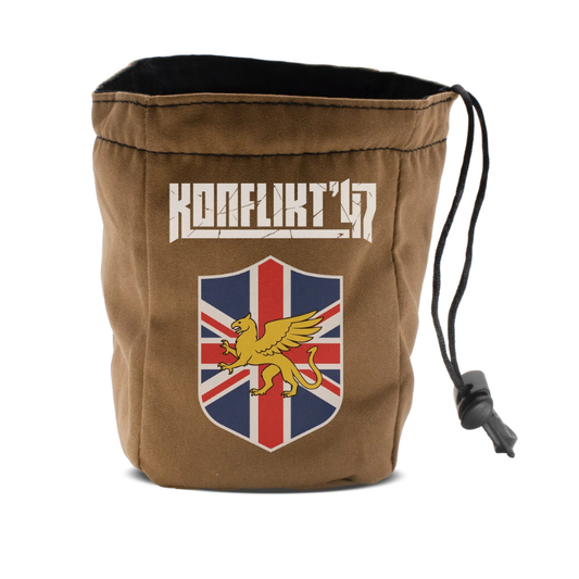 British Commonwealth Dice Bag Konflikt '47 – brązowy woreczek na kostki z insignium Brytyjskiej Wspólnoty Narodów i napisem Konflikt '47, Warlord Games

