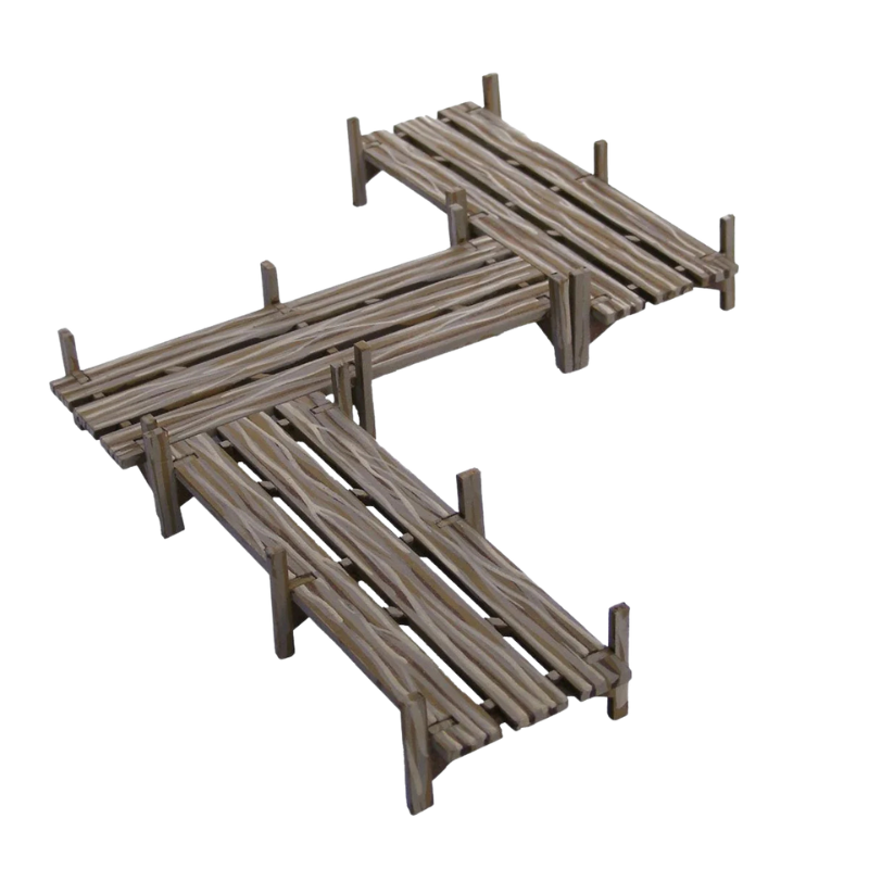 Walkway / Bridge Set B008 – widok izometryczny na 3 sekcje drewnianego pomostu ułożone w kształt litery Z, surowe MDF z grawerowaną fakturą drewna, 28mm Sarissa Precision
