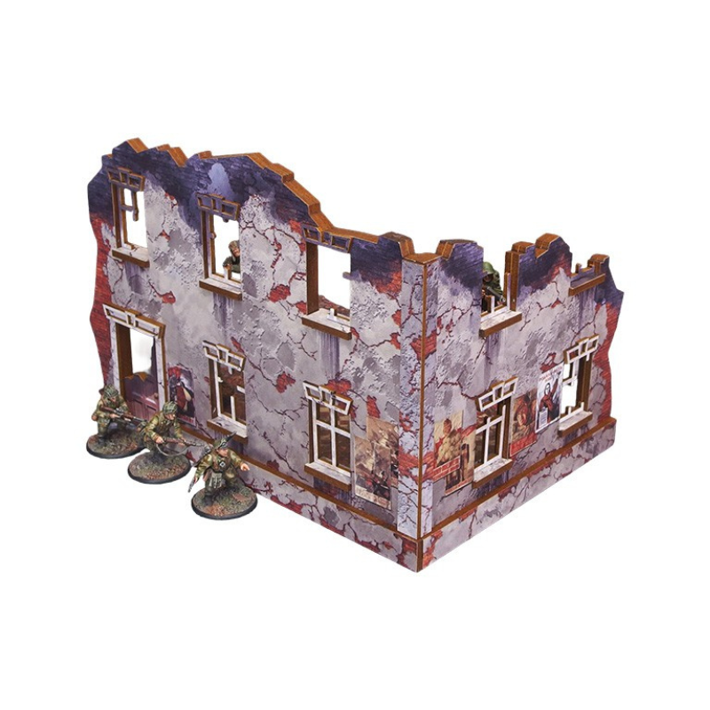 Ostfront Stalingrad Univermag Right – widok izometryczny na narożnik ruin z 2 kondygnacjami i żołnierzami fantasy po bokach, 28mm Bolt Action
