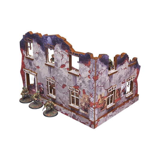 Ostfront Stalingrad Univermag Right – widok izometryczny na narożnik ruin z 2 kondygnacjami i żołnierzami fantasy po bokach, 28mm Bolt Action
