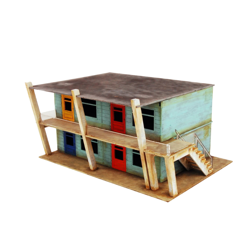 Motel Rooms Right P006 28mm MDF - Pokoje Motelu Prawe - render 3D widok z boku z balkonem Sarissa Precision
