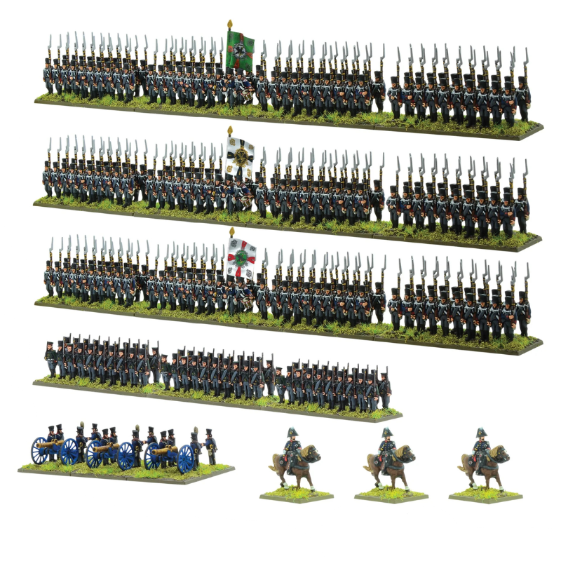Black Powder Epic Battles Waterloo Prussian Infantry Brigade - widok wszystkich jednostek zestawu na białym tle: 3 regimenty piechoty liniowej w ciemnogranatowych mundurach z czarnymi czako i bagnetami z zielonymi i biało-czarnymi flagami, 1 podstawka Jägers w szarozielonych mundurach, bateria 3 armat Foot Artillery 12-pdr z niebieskimi kołami i 3 dowódców konnych w czarnych kapeluszach - Warlord Games 312001801
