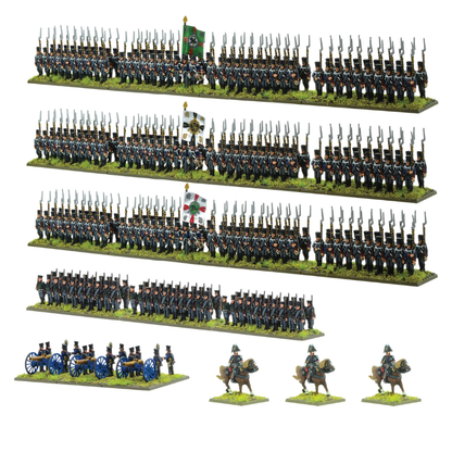 Black Powder Epic Battles Waterloo Prussian Infantry Brigade - widok wszystkich jednostek zestawu na białym tle: 3 regimenty piechoty liniowej w ciemnogranatowych mundurach z czarnymi czako i bagnetami z zielonymi i biało-czarnymi flagami, 1 podstawka Jägers w szarozielonych mundurach, bateria 3 armat Foot Artillery 12-pdr z niebieskimi kołami i 3 dowódców konnych w czarnych kapeluszach - Warlord Games 312001801
