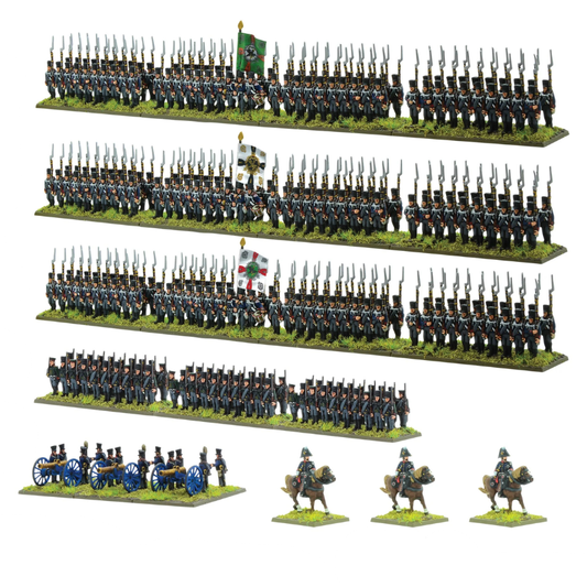 Black Powder Epic Battles Waterloo Prussian Infantry Brigade - widok wszystkich jednostek zestawu na białym tle: 3 regimenty piechoty liniowej w ciemnogranatowych mundurach z czarnymi czako i bagnetami z zielonymi i biało-czarnymi flagami, 1 podstawka Jägers w szarozielonych mundurach, bateria 3 armat Foot Artillery 12-pdr z niebieskimi kołami i 3 dowódców konnych w czarnych kapeluszach - Warlord Games 312001801
