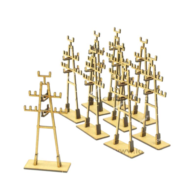 Zestaw Słupów Elektrycznych Typ I LBH0973 28mm HDF - 9 sztuk widok izometryczny z jednym słupem z przodu Laser Cut Buildings
