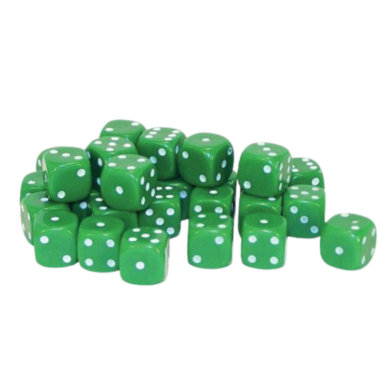 30 Green D6 10mm Warlord Games - 30 zielonych kostek sześciościennych D6 z białymi oczkami ułożonych w stos - widoczne ściany z oczkami 1-6 - kompaktowy rozmiar 10mm - Warlord Games
