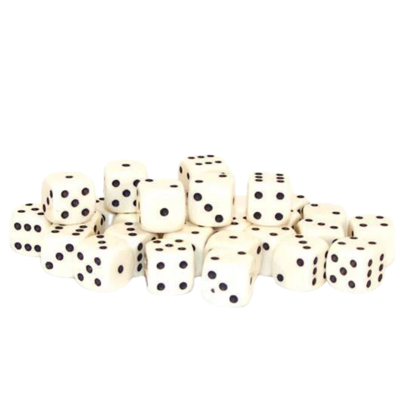 30 Ivory D6 10mm Warlord Games - 30 kremowych kostek sześciościennych D6 z czarnymi oczkami ułożonych w stos - widoczne ściany z oczkami 1-6 - kompaktowy rozmiar 10mm - Warlord Games
