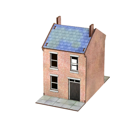 Narrow Cut House GLA002 – widok izometryczny z przodu na wąską 2-piętrową ceglana kamienicę z czarnymi drzwiami i dachem łupkowym, MDF CMYK, 28mm Sarissa Precision
