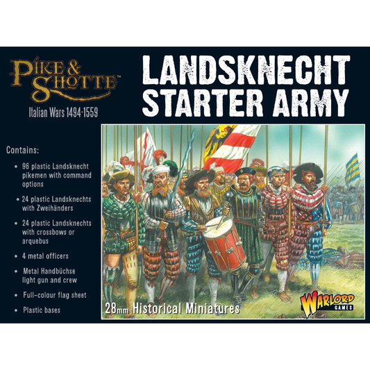 Landsknecht Starter Army Pike & Shotte - pudełko zestawu startowego z ilustracją przedstawiającą oddział Landsknechtów z pikami i chorągwiami - kolorowe stroje w paski, hełmy z piórami, bębnista - Italian Wars 1494-1559 - Warlord Games 209916002
