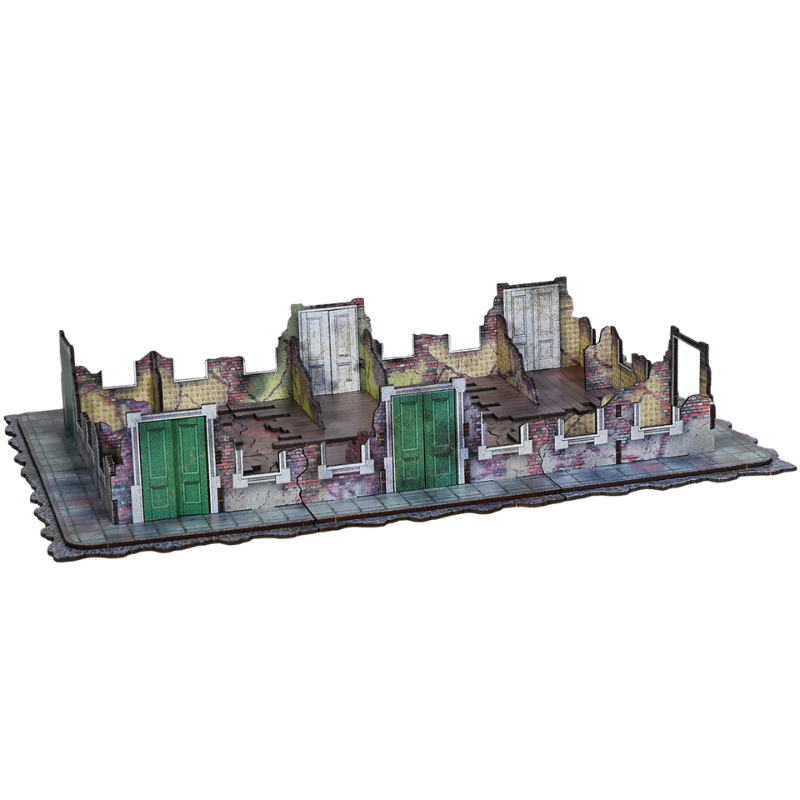Destroyed City Block C N473BC – widok izometryczny z przodu na kompletny blok 200x300mm: 6 niskich sekcji parteru z zielonymi drzwiami, ceglane mury z pęknięciami i chodnik, kolorowy nadruk CMYK, 28mm Sarissa Precision
