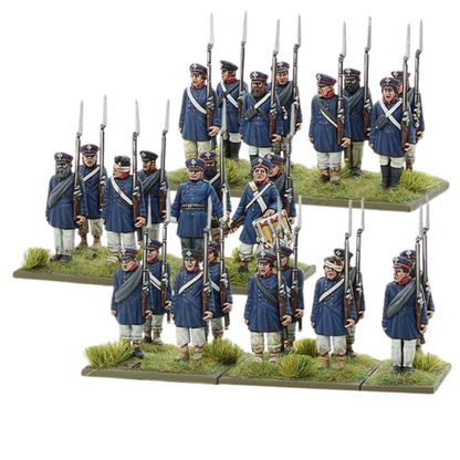 Prussian Landwehr Regiment 1813-1815 302012501 – widok trzech batalionów 24 pomalowanych figurek pruskiej milicji w niebieskich płaszczach z bagnetami, 28mm Black Powder
