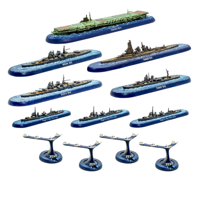 IJN Navy Fleet – kompletna flota: lotniskowiec Zuikaku, pancernik Kongō, krążowniki, niszczyciele i myśliwce Zero na podstawkach morskich
