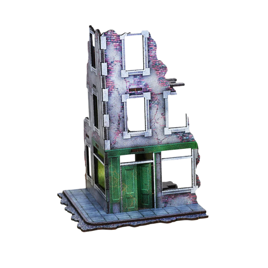 Destroyed City Shop Corner N462C 28mm MDF w kolorze - Zniszczony Narożnik Sklepu - widok frontu Sarissa Precision CMYK
