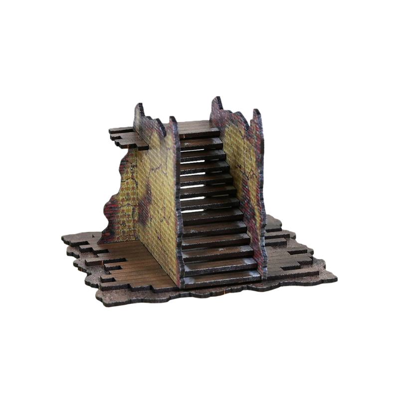 Destroyed City Stairs N466C – widok izometryczny z boku na schody z postrzepionym murem po obu stronach: drewniane stopnie 32mm szerokości między ceglanymi ścianami z tapetą, kolorowy nadruk CMYK, 28mm Sarissa Precision
