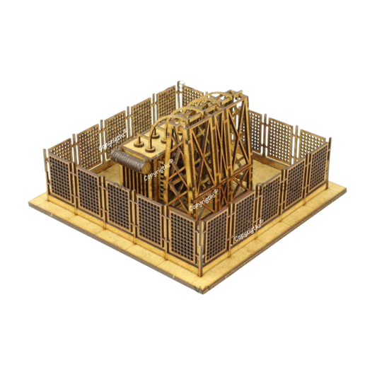 Duży Transformator z Ogrodzeniem LBH0976 28mm HDF - złożony model widok izometryczny z transformatorem i ogrodzeniem Laser Cut Buildings

