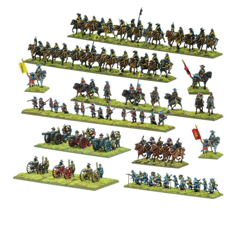 Pike & Shotte Epic Battles Thirty Years' War Cavalry Battalia - pełny zestaw pomalowanych figurek kawalerii, piechoty i artylerii na zielonych podstawkach - harquebusiers, kirasjerzy, dragoni, armaty Saker i Falconet - Warlord Games 212012002
