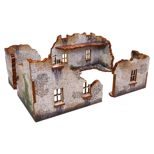 Normandy Ruin 2 – złożone 4 sekcje kamiennych ruin z widokiem na wnętrze z góry, 2 kondygnacje i balkon, 28mm Bolt Action
