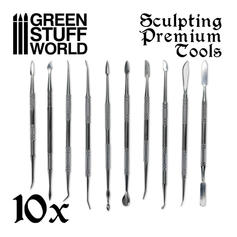 10x Professional Sculpting Tools - 10 narzędzi ze stali nierdzewnej, 20 różnych końcówek, widok z góry | Green Stuff World
