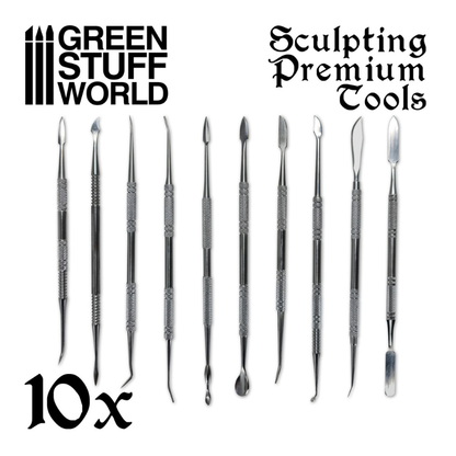 10x Professional Sculpting Tools - 10 narzędzi ze stali nierdzewnej, 20 różnych końcówek, widok z góry | Green Stuff World
