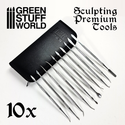 10x Professional Sculpting Tools - narzędzia oparte o czarne skórzane etui GSW, widok z boku | Green Stuff World
