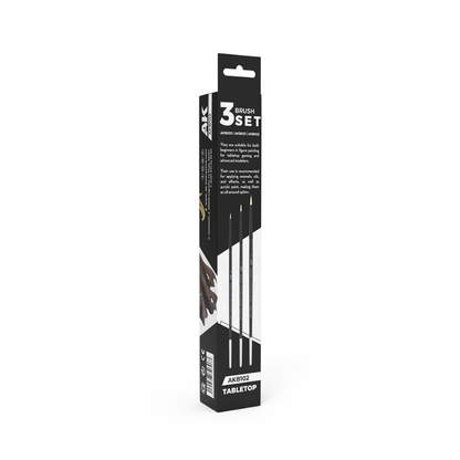 AK Interactive AKB102 Tabletop Brushes Set – opakowanie zestaw 3 pędzli, tył z opisem zawartości