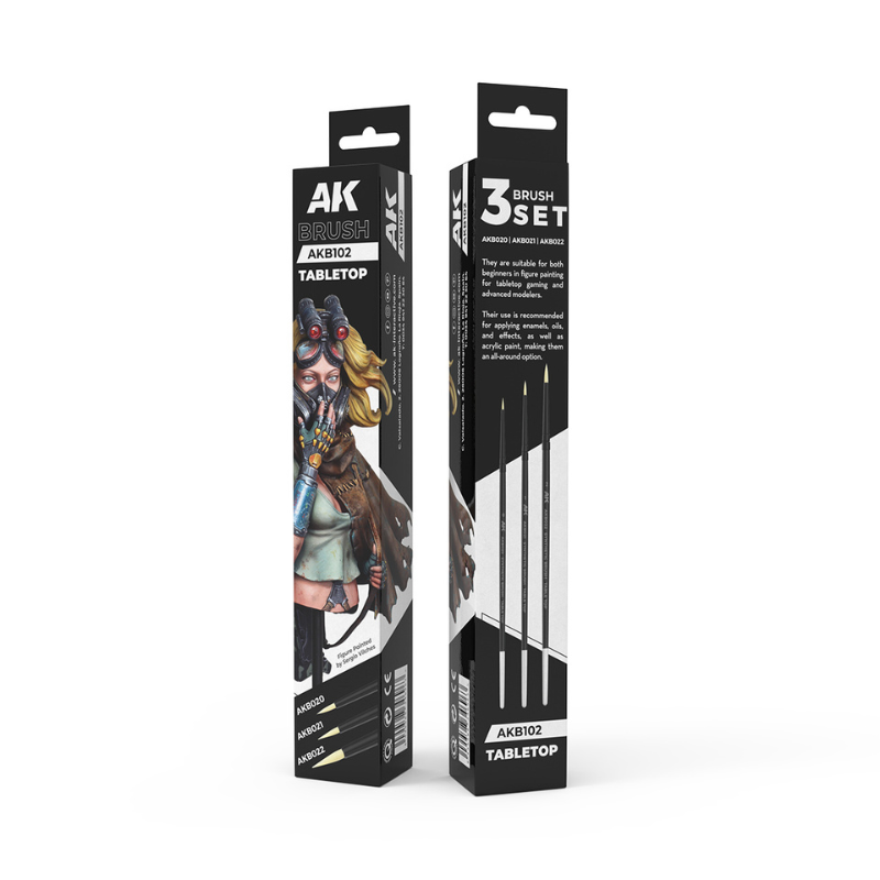 AK Interactive AKB102 Tabletop Brushes Set – opakowanie przód i tył, figurka na okładce