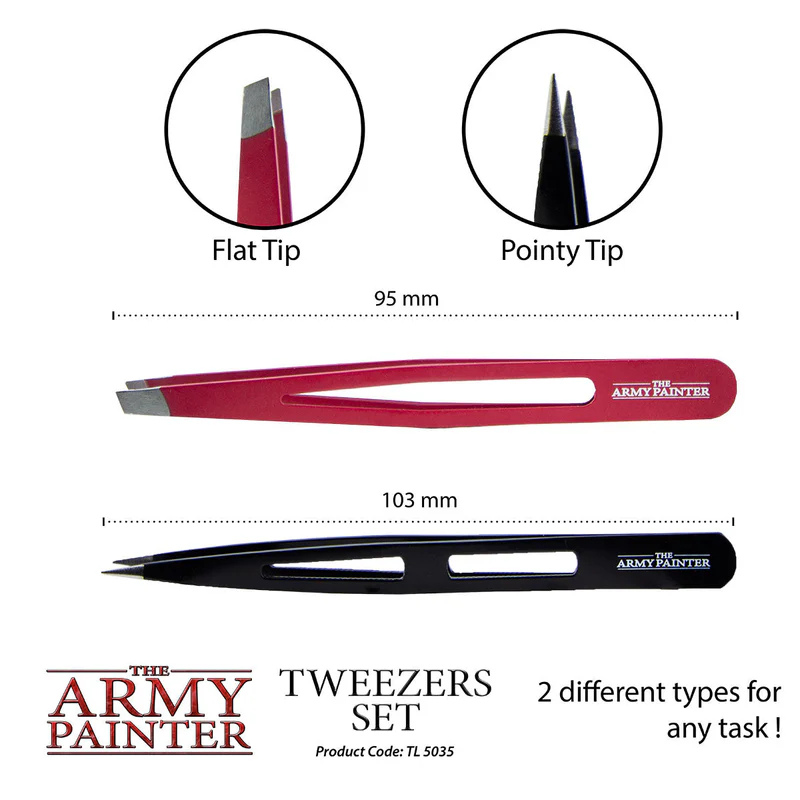 Tweezers Set - pinceta płaska 95mm i igłowa 103mm z oznaczeniem końcówek Flat Tip i Pointy Tip | The Army Painter
