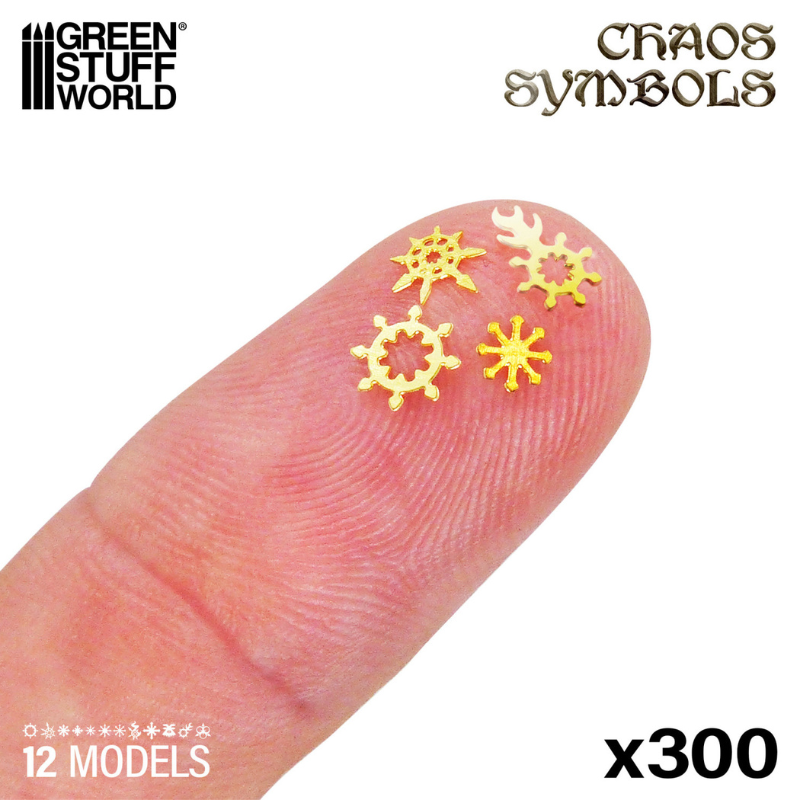 Chaos Symbols and Runes Green Stuff World 2110 – 5 złotych mosiężnych symboli Chaosu na czubku palca dla skali, logo GSW Chaos Symbols x300
