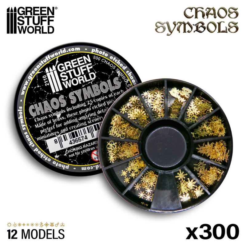 Chaos Symbols and Runes Green Stuff World 2110 – okrągły organizer z 12 przegródkami wypełnionymi złotymi symbolami Chaosu i zamknięte opakowanie z EAN 8436574504699
