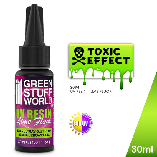 UV Resin Lime Fluor 30ml Green Stuff World – widok butelki z etykietą i logo SUN/UV
