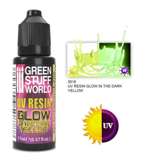 UV Resin Glow in the Dark Yellow 17ml Green Stuff World – butelka z efektem świecenia w ciemności i porównaniem kolorów w świetle dziennym i UV
